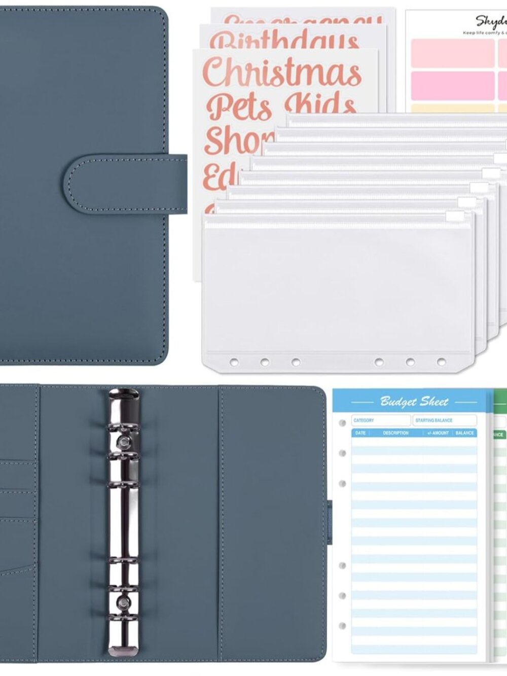 A6 Budget Binder, Money Organizer for Cash with 8pcs Zipper Envelopes,12pcs Expe